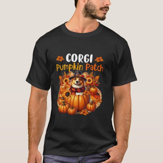 Corgi Schattigee Patch Thanksgiving Pompoenen Vall T-shirt (Voorkant)