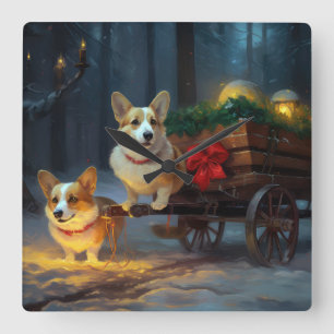 Corgi Snowy Sleigh Kerst Decor Vierkante Klok