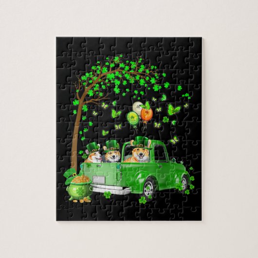 Corgi St Patricks Day Green Truck onder de boom Legpuzzel (Verticaal)