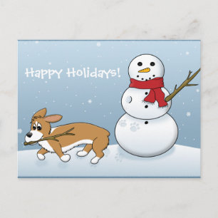 Corgi steelt sneeuwmannenarm feestdagenkaart