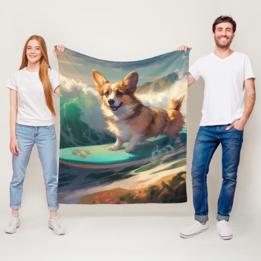 Corgi strand surfen schilderij fleece deken (In situ)