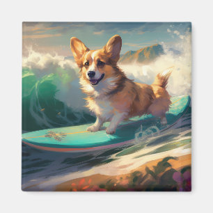 Corgi strand surfen schilderij magneet