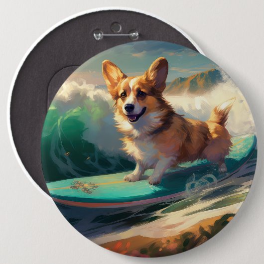 Corgi strand surfen schilderij ronde button 6,0 cm (Voorkant /achterkant)