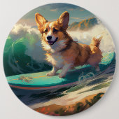 Corgi strand surfen schilderij ronde button 6,0 cm (Voorkant)