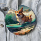 Corgi strand surfen schilderij ronde button 6,0 cm (In situ)