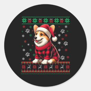 Corgi Ugly Christmas Funny Santa Hat Buffalo Plaid Ronde Sticker