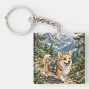 Corgi Wandelen in Bergen Waterverf Acryl Sleutelha Sleutelhanger