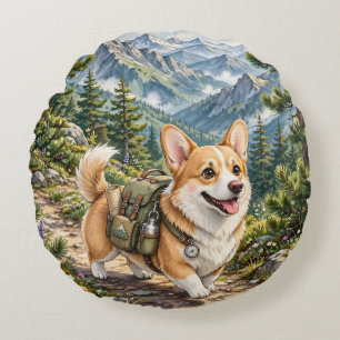 Corgi Wandelt in Bergen Aquarel Ronde Kussen