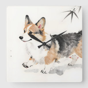 Corgi Watercolor – Whimsicale Japanse Inkt Honden Vierkante Klok