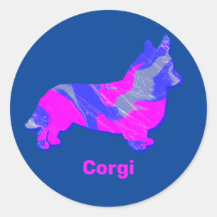 Corgi - Welsh Pembroke Dog Pink & Blue Silhouette Ronde Sticker