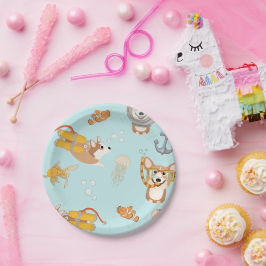 Corgis duikt in oceaanpatroon papieren bordje (Feest)