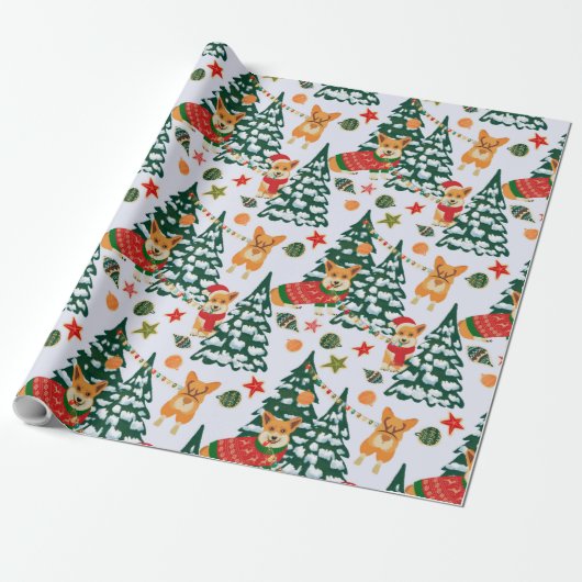 Corgis versiert de kerstboom - White Pattern Cadeaupapier (Uitgerold)