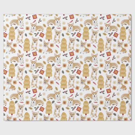 Corgi's vieren kerst - wit patroon cadeaupapier (Vlak)