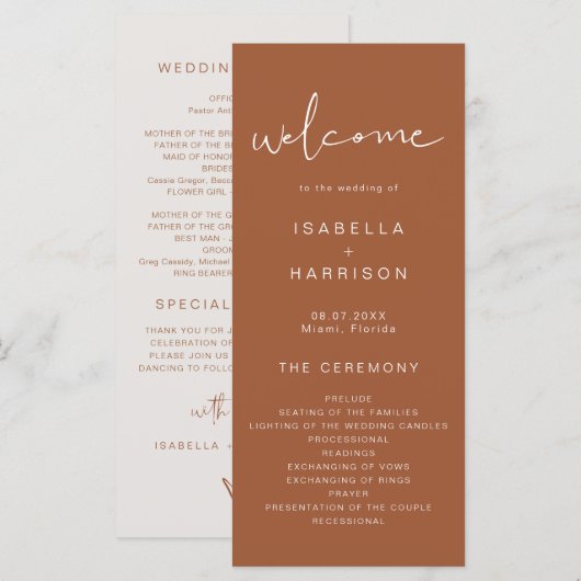 CORIANDER Bohemian Burnt Orange Wedding Programme (Devant / Derrière)