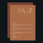 CORIANDER Boho Terracotta 5x7" Mangeons le menu<br><div class="desc">Ce menu est composé d'une police manuscrite pointue et d'un design minimaliste moderne avec une combinaison de couleur blanche et de terre cuite boho. Modifiez facilement le libellé *most* pour répondre à vos besoins. Ce menu s'ajoute parfaitement à votre simple baby shower contemporain ou bohème, douche nuptiale, mariage, retraite ou...</div>