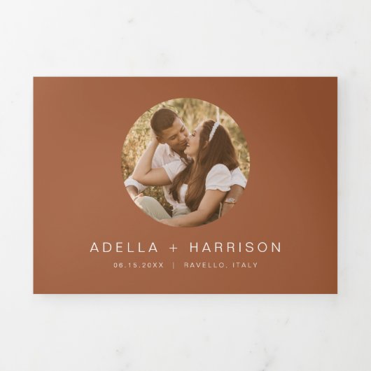 CORIANDER Boho Terracotta Burnt Oranje Weddenschap Drieluik Uitnodiging (Cover)