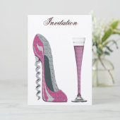 Corkschroef Roze Stiletto en Champagne Uitnodiging (Staand voorkant)