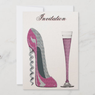 Corkschroef Roze Stiletto en Champagne Uitnodiging