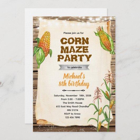 Corn maze birthday party invitation (Devant / Derrière)
