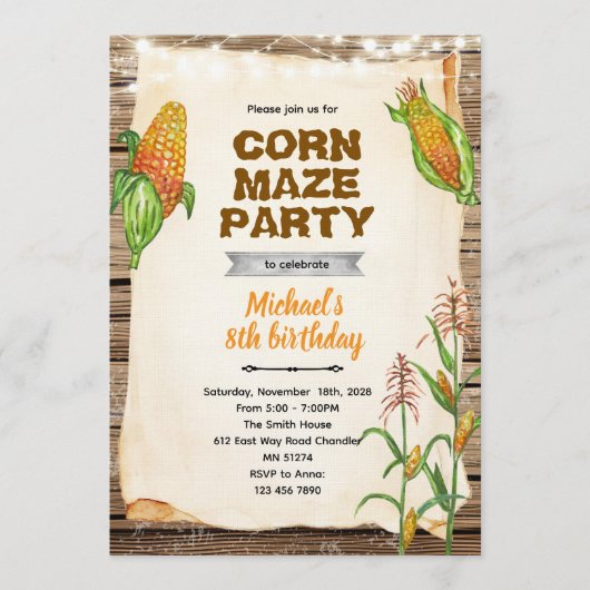 Corn maze birthday party invitation (Devant)