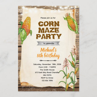 Corn maze birthday party invitation kaart