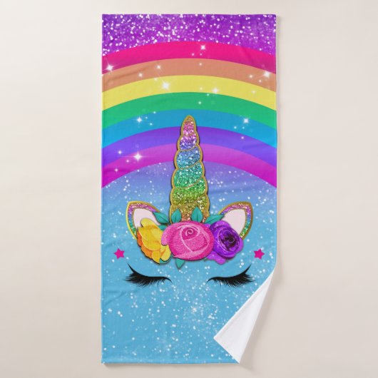 Corne de Licorne Pailletée Face Arc-en-Ciel (Serviette de bain)