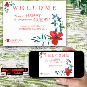 Corner Red Flowers Welcome Guest Wifi Password Poster