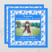 Cornflower Blue Damask Floral Foto Afstuderen Kaart (Voorkant / Achterkant)