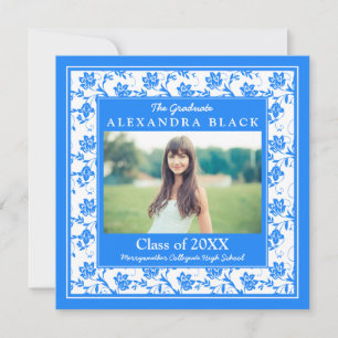 Cornflower Blue Damask Floral Foto Afstuderen Kaart