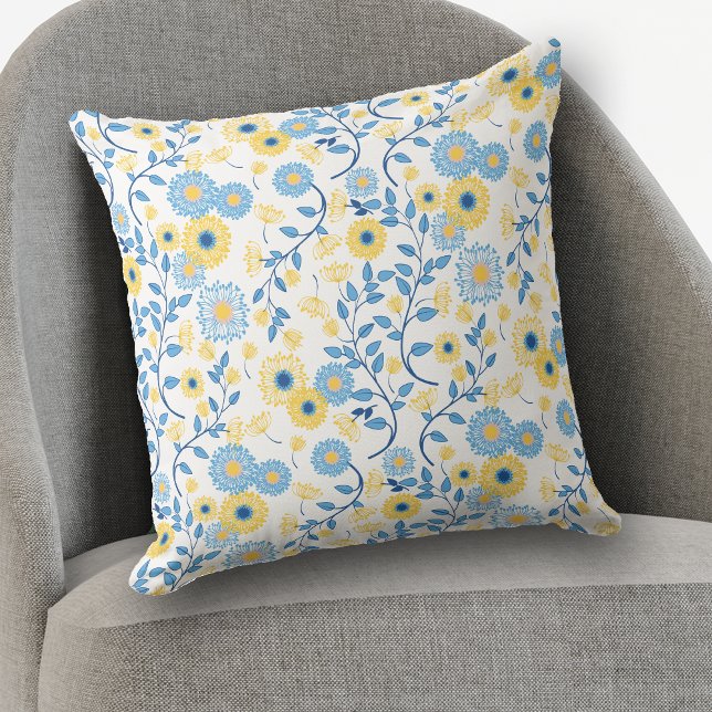 Cornflower Blue en geel Floral Pattern Kussen (Creator heeft geüpload)