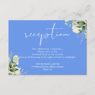 Cornflower Blue Greenery Script Huwelijksreceptie Informatiekaartje