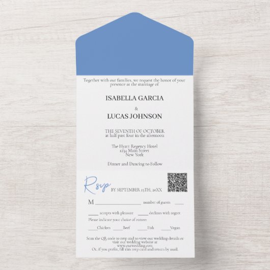 Cornflower Blue Wedding All In One Uitnodiging (Binnen)