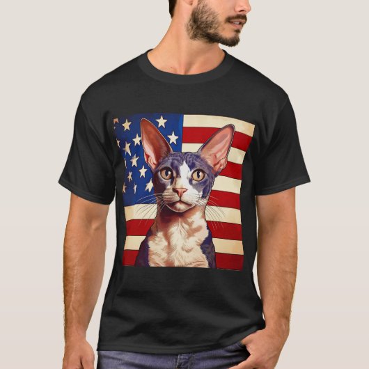 Cornish Rex Cat voor Amerikaanse vlag T-shirt (Voorkant)