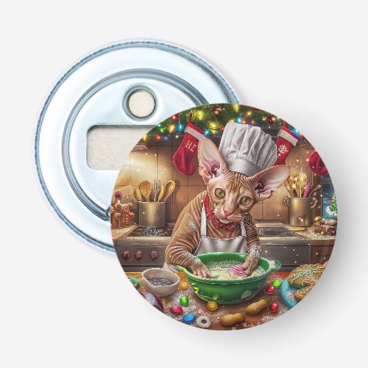 Cornish Rex Kerstbakken: Festive Kerstmis Button Flesopener (Voorkant)