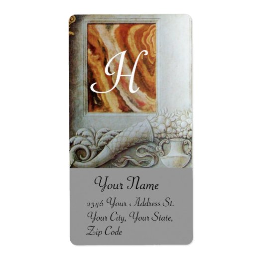 CORNUCOPIA MONOGRAM, zwart-wit grijs bruin Etiket (Voorkant)