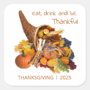 Cornucopie, eet, Drink en bedank Thanksgiving Vierkante Sticker