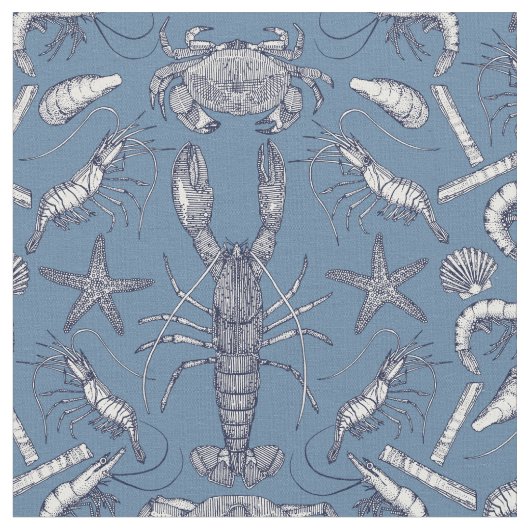 Cornwall Crustaceans Damask Blue Ultra Marine Stof (Close Up)