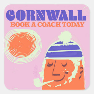 Cornwall visser vintage "neem een coach" poster vierkante sticker
