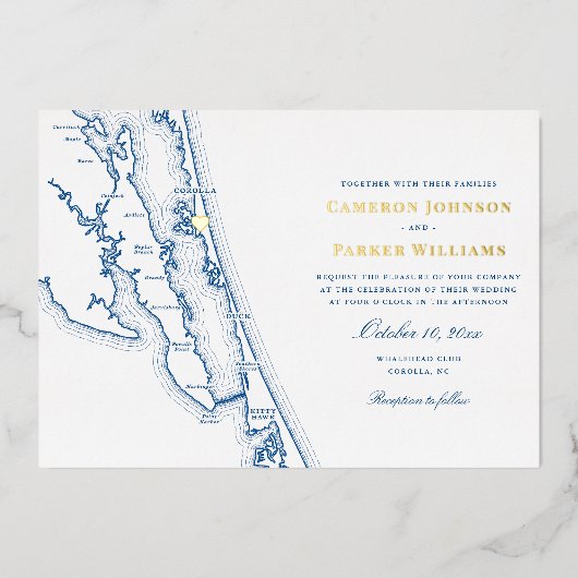 Corolla NC Map OBX Wedding Navy and Gold Folie Uitnodiging (Voorkant)
