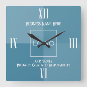 Corporate Brand Logo, Fotonaam en Waarden Blauw Vierkante Klok