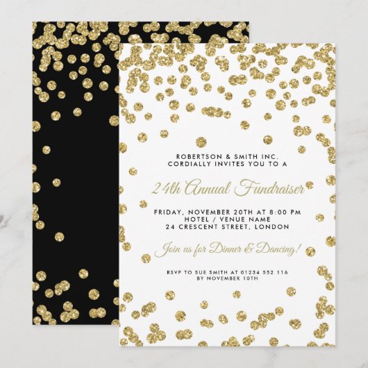 Corporate Fundraiser Dinner Gold Confetti Black Kaart (Voorkant / Achterkant)