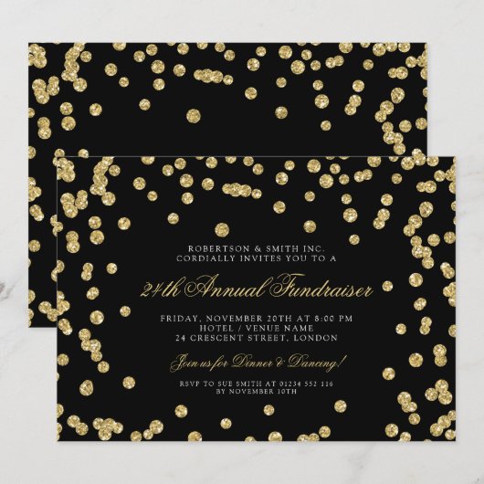 Corporate Fundraiser Dinner Gold Confetti Black Kaart (Voorkant / Achterkant)