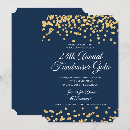 Corporate Fundraiser Gold Glitter Confetti Navy Kaart (Voorkant / Achterkant)
