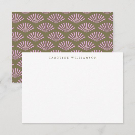 Correspondance Carte de note Art Déco éventails olive lilas nom p (Devant / Derrière)