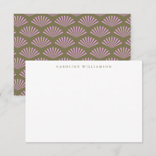 Correspondance Carte de note Art Déco éventails olive lilas nom p
