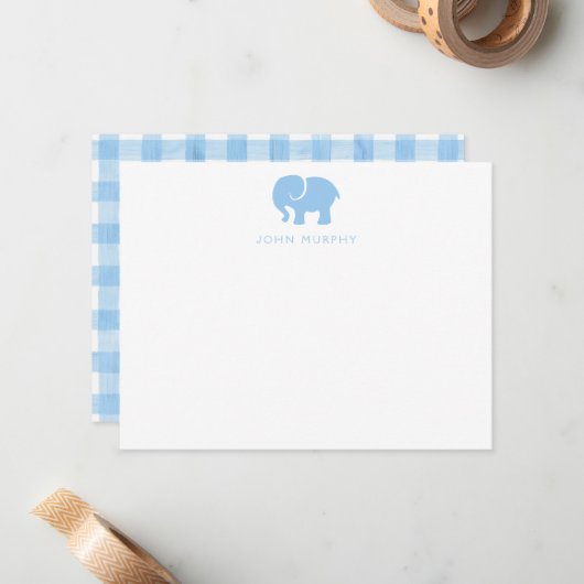 Correspondance Carte de note bébé, éléphant gingham bleu clair pl (Devant/Arrière en situation)