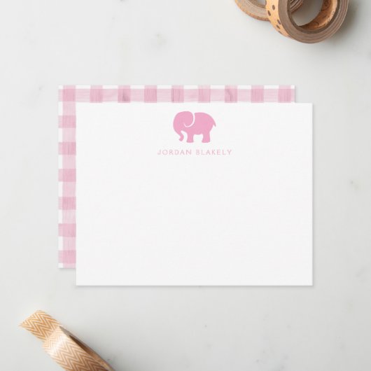 Correspondance Carte de note bébé, éléphant gingham rose clair pl (Devant/Arrière en situation)