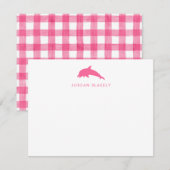 Correspondance Carte de note bébé, gingham dauphin rose plat (Devant / Derrière)