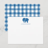 Correspondance Carte de note bébé, Gingham éléphant bleu plat (Devant / Derrière)