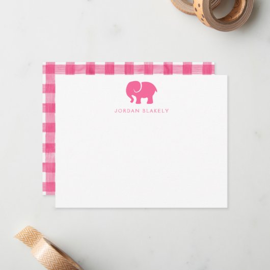 Correspondance Carte de note bébé, gingham éléphant rose plat (Devant/Arrière en situation)